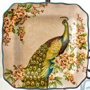 222 FIFTH EMPRESS GARDEN TEAL SALAD PLATE SQUARE NEW PORCELAIN PEACOCK,